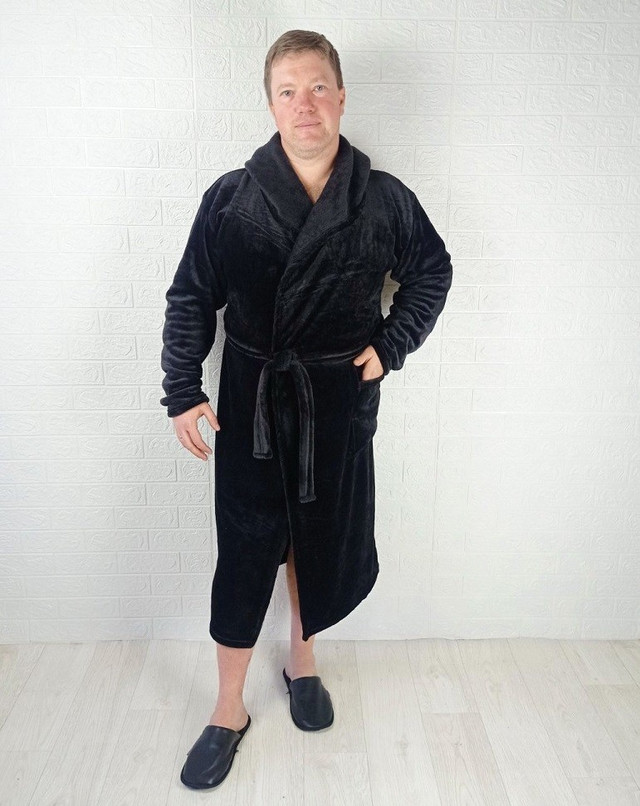 Мужской халат махровый теплый, длинный черный 50-54 р.