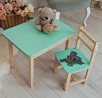 Детский столик и стульчик (с ящиком) для творчества и учебы (Зеленый) Слоник