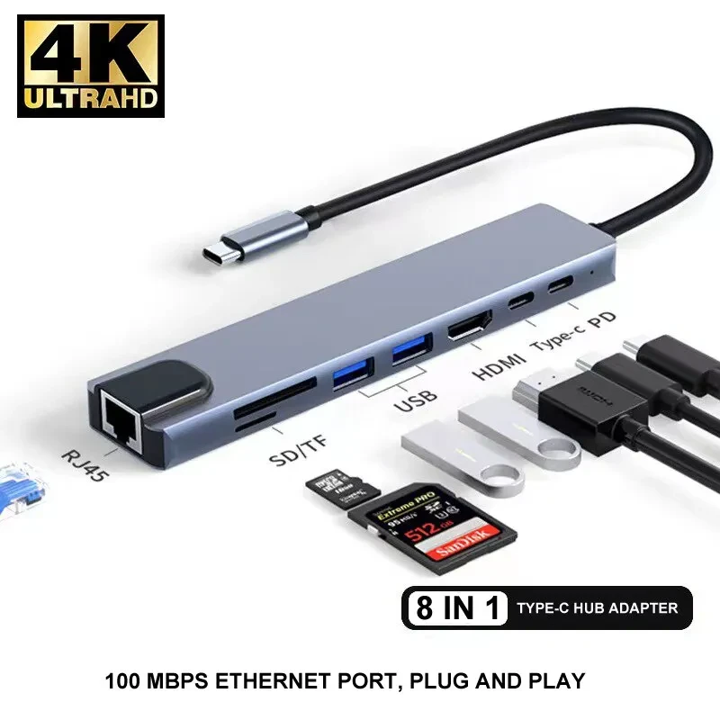 Мультифункціональний USB Type-C хаб 8 в 1, HDMI+HDTV+Ethernet LAN Rj45+PD+SD+TF+USB концентратор з, фото 1