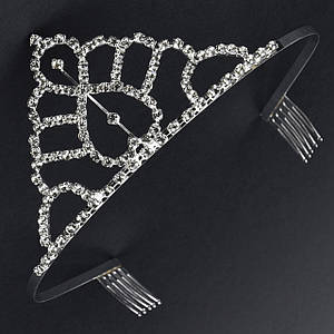 Діадема корона срібляста на металевому тонкому обідку з гребінцями з паличками та стразами висота 5.5 см