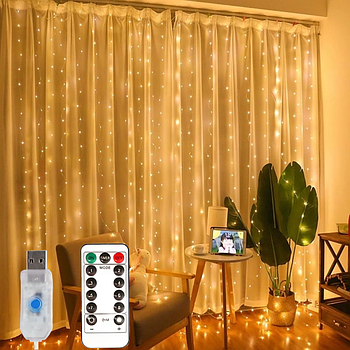 Гірлянда штора USB 3x2м, Жовте світло, з пультом / Гірлянда від повербанку / Новорічна гірлянда краплі роси