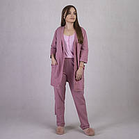 Женская пижама тройка халат с пижамой, комплект тройка халат с пижамой темно-розовый р.42-54