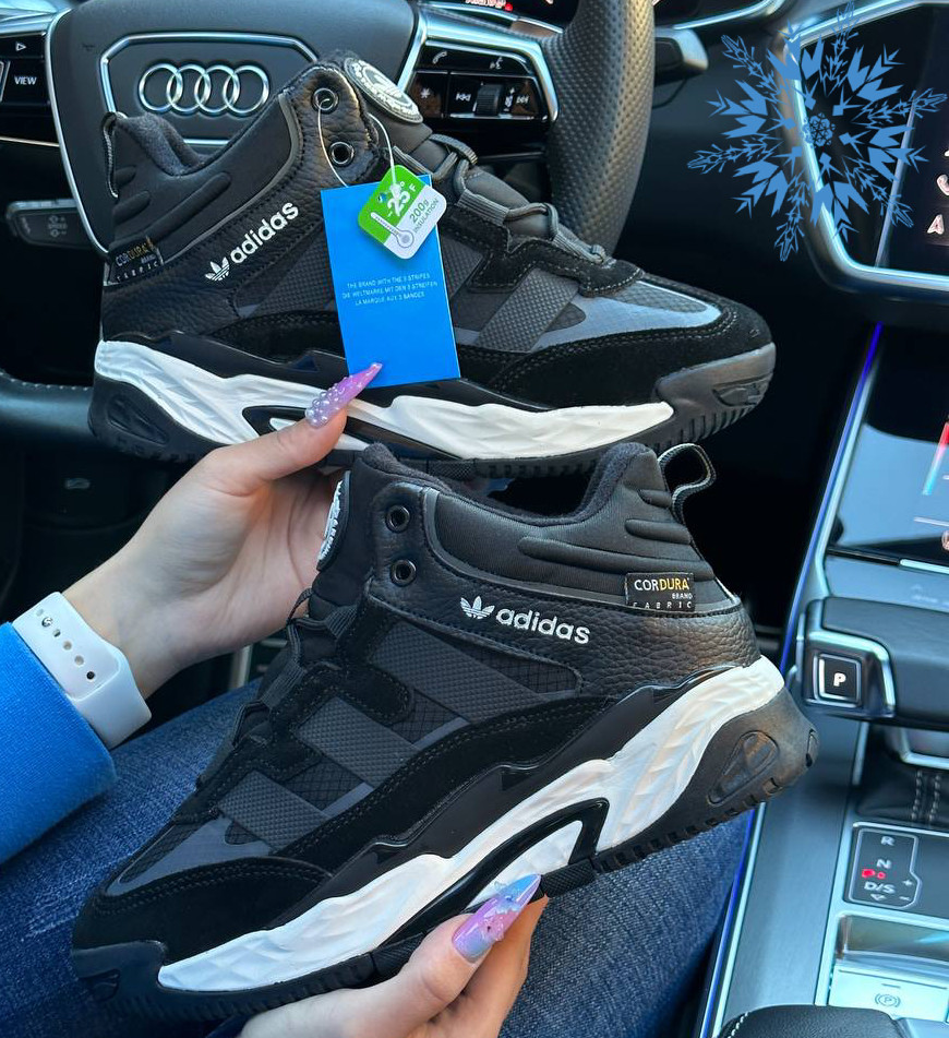 Жіночі зимові кросівки Adidas Niteball High Black White з хутром високі теплі. Живе фото