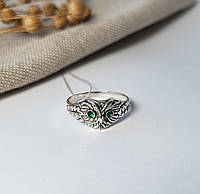 Кольцо серебряное женское колечко Сова с Зелеными глазками 16.5 размер серебро 925 черненое 11056 2.53г