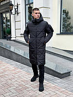 Мужская зимняя куртка удлиненная с капюшоном черная Pobedov Zmist