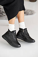 Женские кроссовки кожаные зимние черные на меху на шнурках и молнии