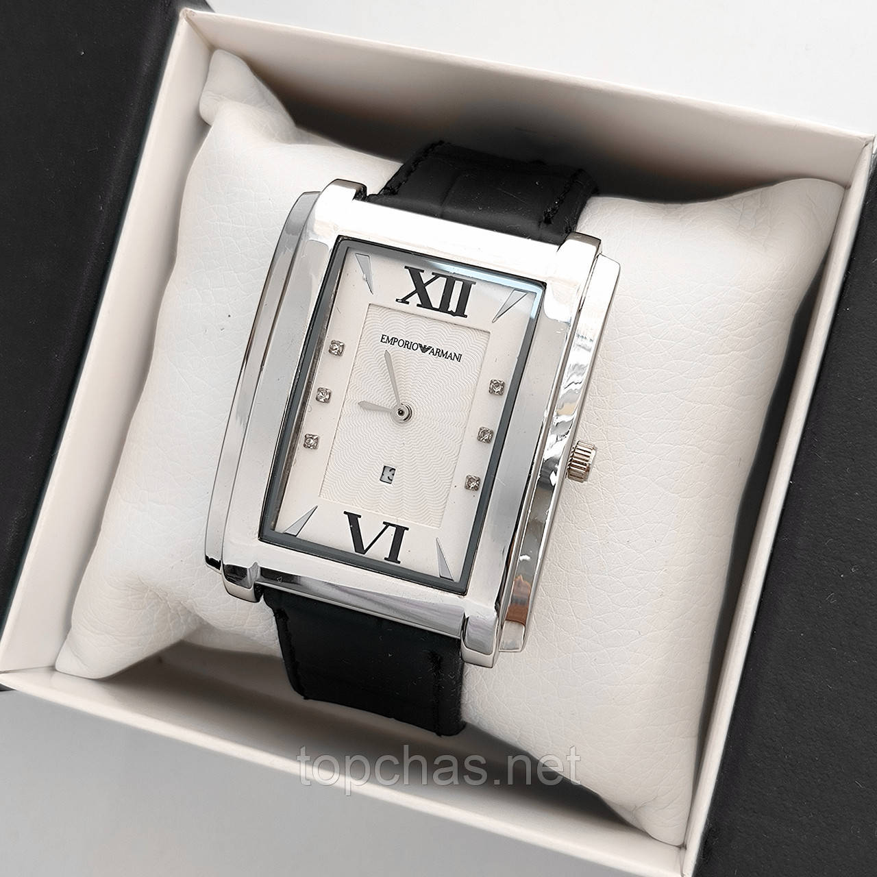 Прямокутний чоловічий годинник Emporio Armani (Армані) сріблястий з білим циферблатом, дата - код 2350