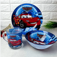 Дитячої скляної набір посуду для годування 5 предметів Тачки Блискавка Cars Blue Маквин 1 Metr+