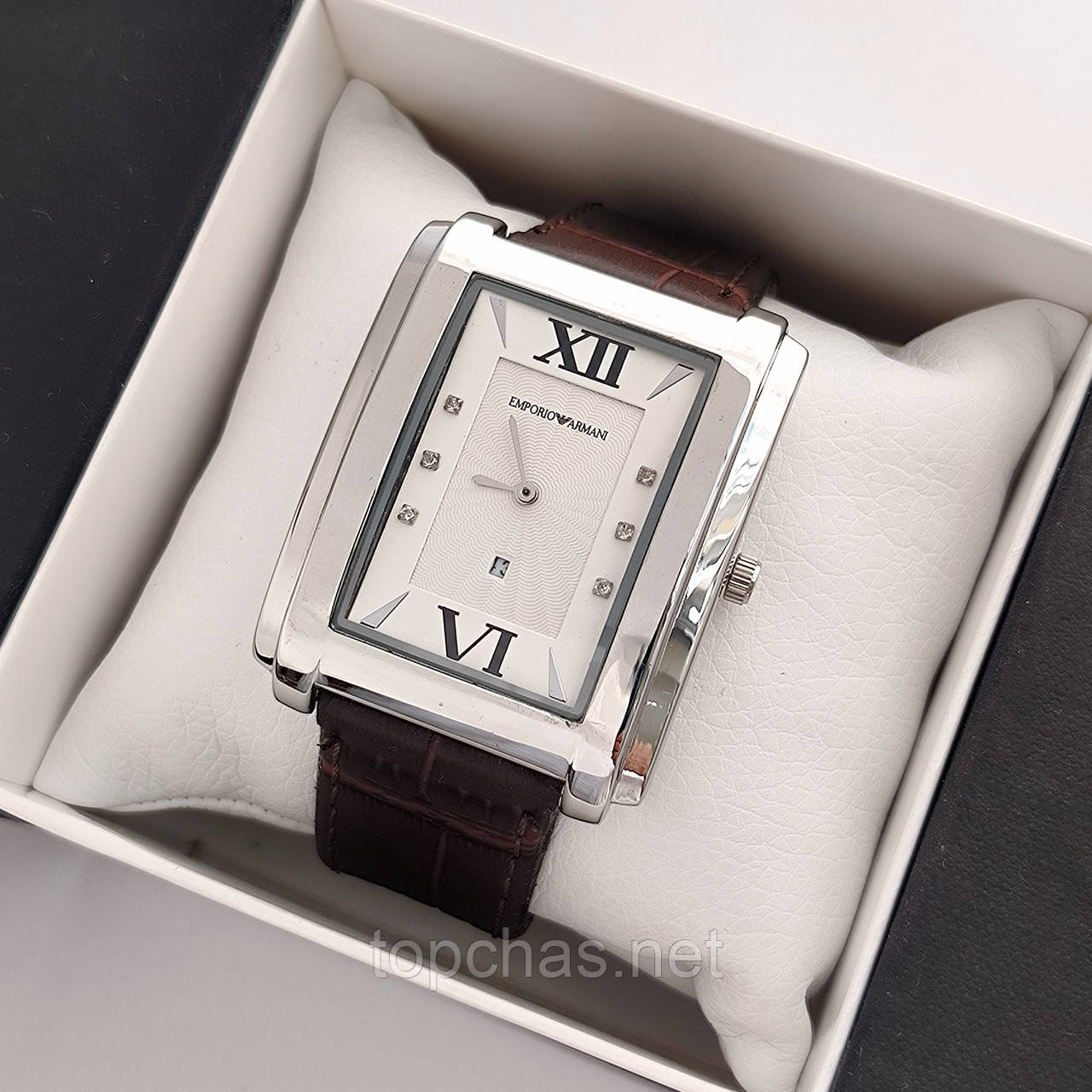 Прямокутний чоловічий годинник Emporio Armani (Армані) сріблястий з коричневим ремінцем, дата - код 2352