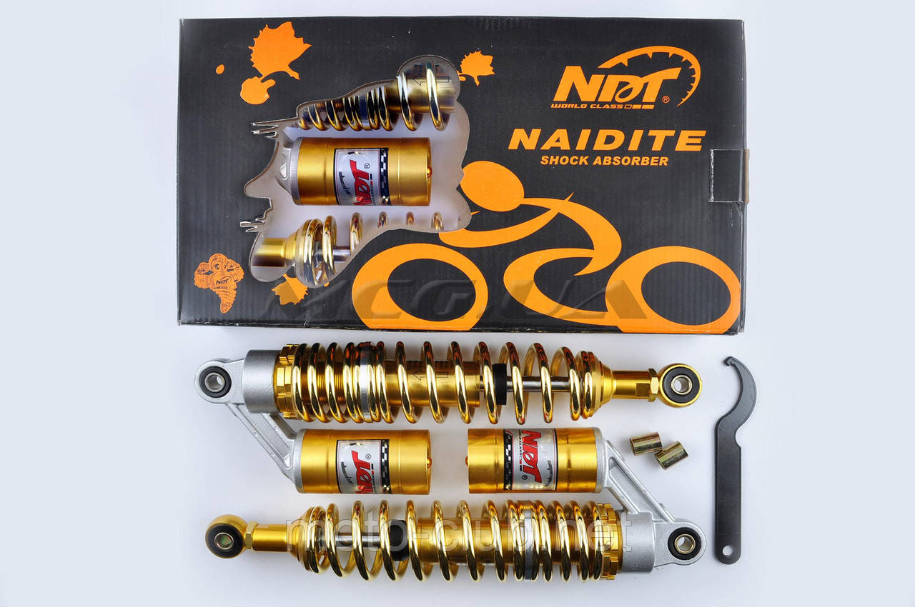 Амортизатори (пара) для мопеду Delta 340 mm, газомасляні "NDT" (золотисті)