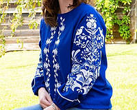 Женская льняная вышиванка, синяя блуза с белой вышивкой XL