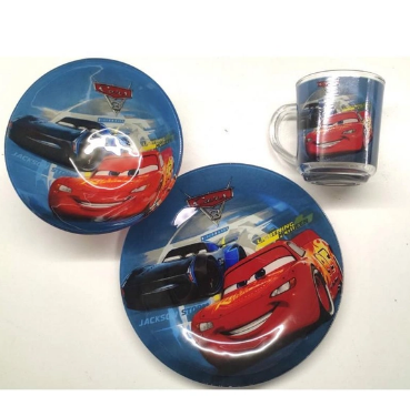 Дитячий скляний набір посуду для годування 3 предмети Тачки Блискавка Cars Blue Маквин 3 Metr+