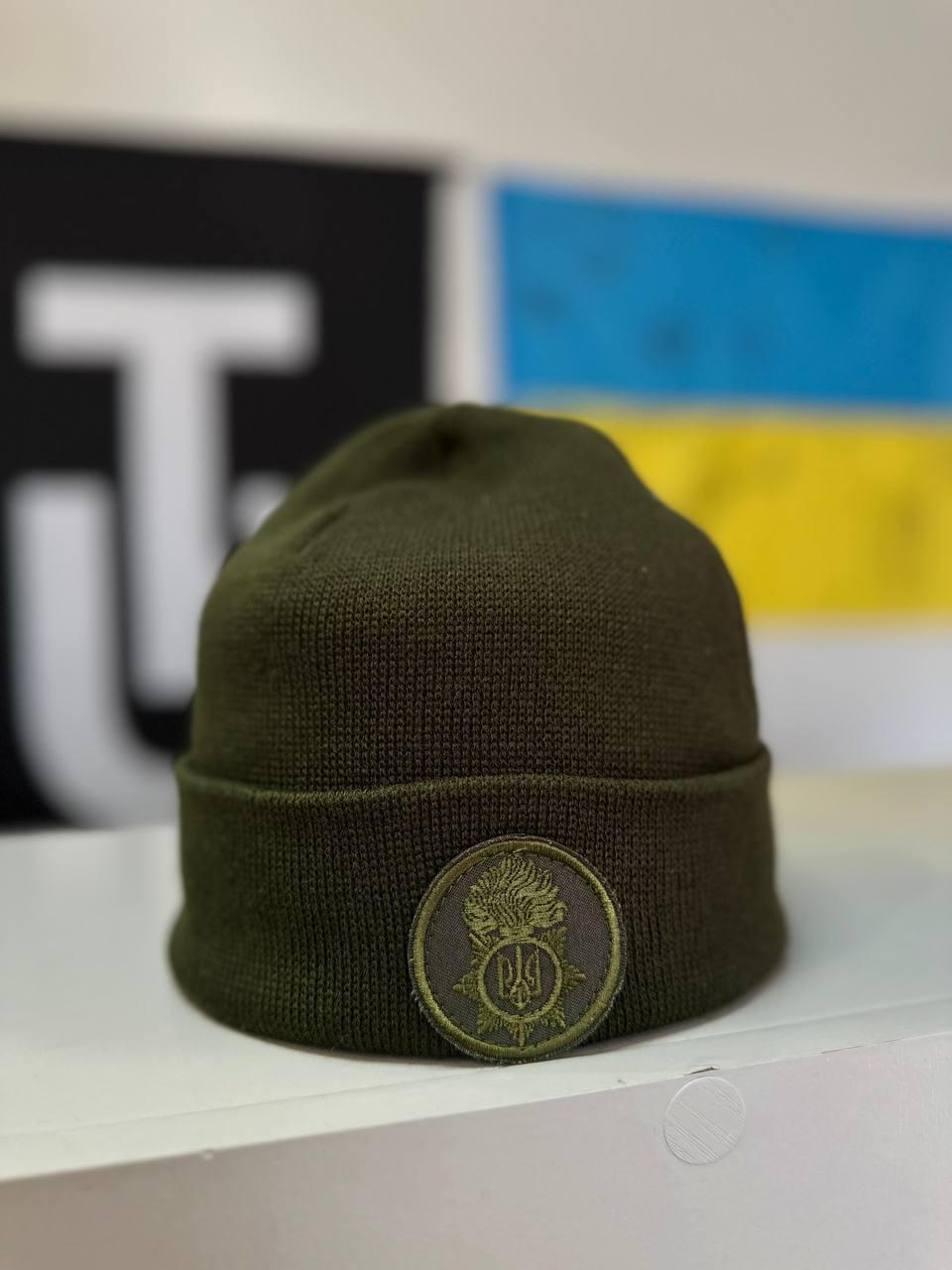 Темно-зелена зимова шапка в'язка для Нацгвардії, шапка на зиму НГУ, зимова зелена шапка НГУ