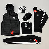 Мужской спортивный костюм Adidas на флисе+жилет+футболка+кепка+две пары носков, зимний комплект черный Adidas