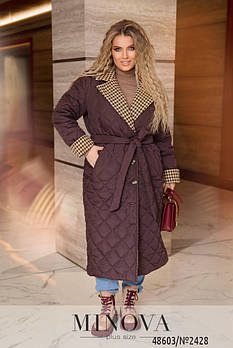 Стильна двокольорова куртка-пальто з коміром на ѓудзиках і поясі з 46 по 68 розмір