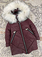 Зимнее пальто-курточка на девочку модель 3 бордовый с белым мехом 104