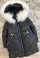 Зимове пальто-курточка на дівчинку модель 3 чорний із білим хутром 104