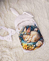 Конверт спальник детский теплый плащевая ткань с принтом Спящий зайка белый