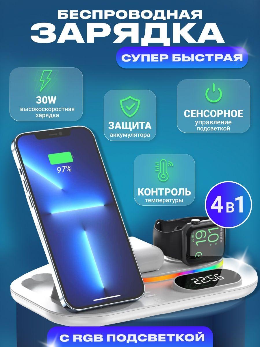 Бездротова док-станція для айфона з годинником 4 in 1 LED Clock RGB 30W iPhone/AirPods/iWatch_1-7 series