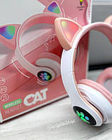 Детские беспроводные Bluetooth наушники со светящимися кошачьими ушками Cat STN-28 розового цвета