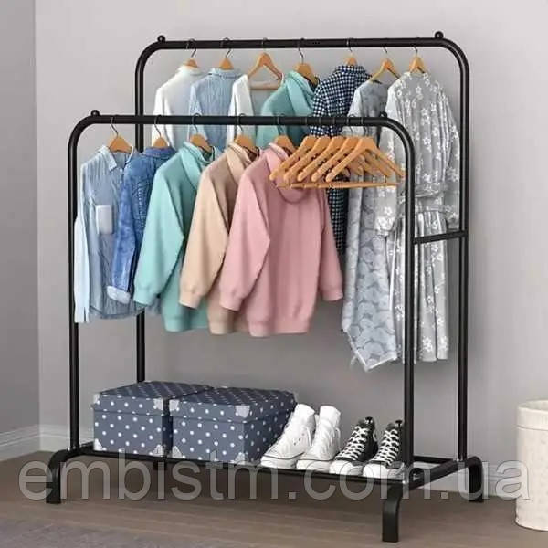 Підлогова Подвійна вішалка для одягу та взуття металева Clother Rack стійка для речей стелаж Чорна