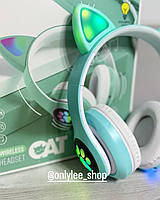Детские беспроводные Bluetooth наушники со светящимися кошачьими ушками Cat STN-28 бирюзового цвета
