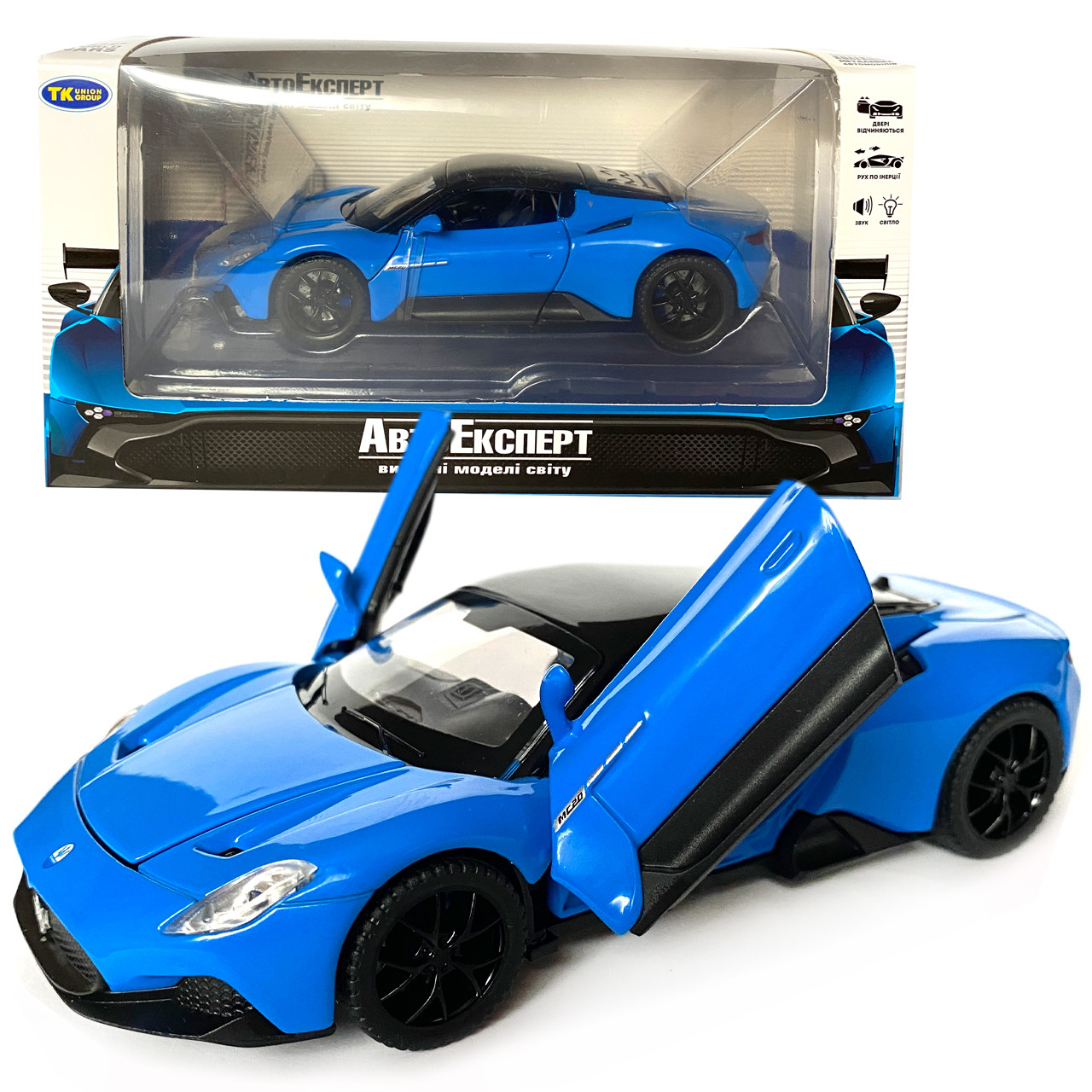 Іграшкова машинка металева Maserati MG20, Мазераті, синя, звук, світло, інерція, откр двері, капот, Автоексперт, 1:32,14,5*7,5*4см, фото 1