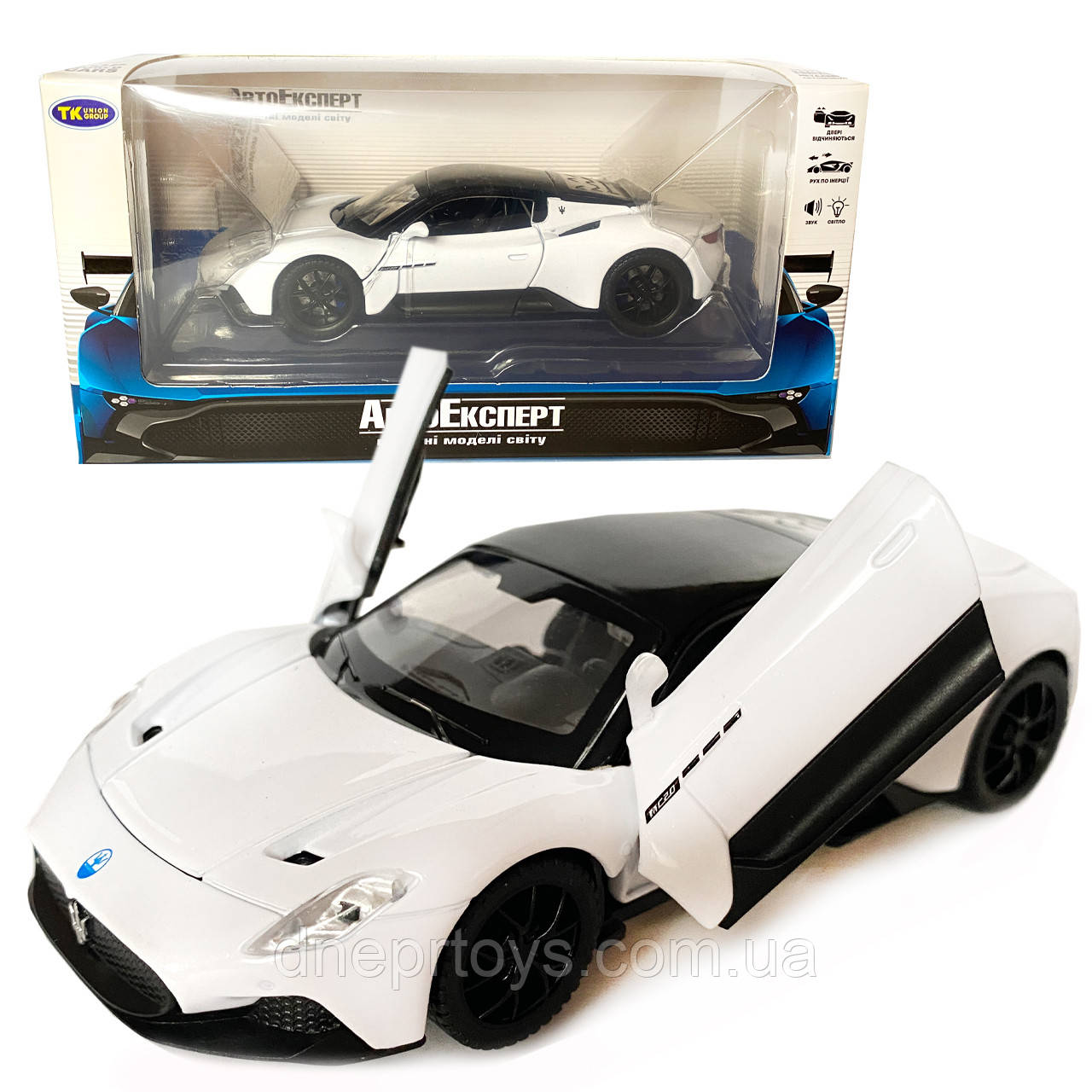 Іграшкова машинка металева Maserati MG20, Мазераті, біла, звук, світло, інерція, откр двері, капот, Автоексперт, 1:32,14,5*7,5*4см, фото 1