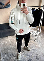 Мужской зимний спортивный костюм на флисе молочный с черным Grand Комплект Худи и Штаны с начесом (Bon)