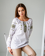 Женская нарядная блузка - вышиванка "Дива", длинный рукав, р. XS.S.M.L.XL.2XL оливка принт