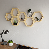 Полиця у формі сот ручної роботи 100 см, дерев'яна полиця із 6-ти сот для колекцій, сувенірів, вазонів