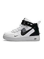 Высокие зимние женские кожаные черно-белые кроссовки смехом Nike Air Force 1 High . Зимние найки