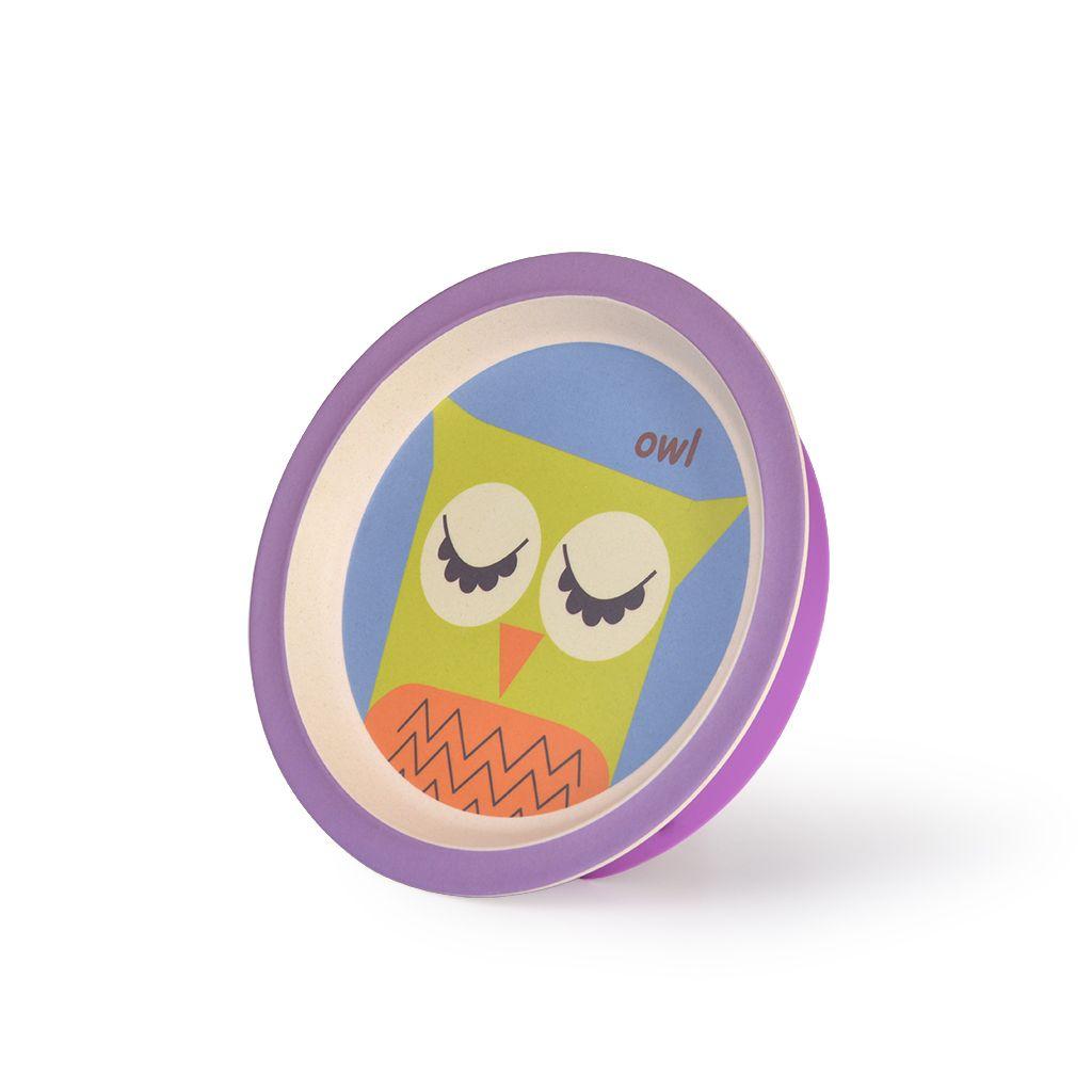 Тарілка плоска з присоском 20х20х3,5 см. "Совеня" з бамбукового волокна, фіолетова Fissman, фото 1