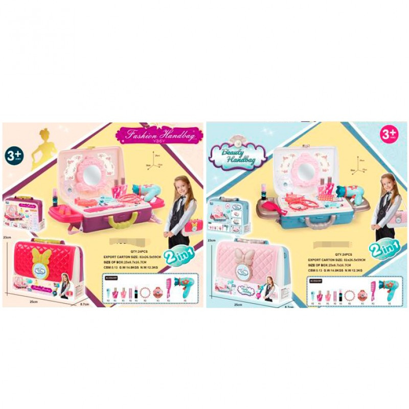 Трюмо дитяче ігрове 16878A-B, 2в1, набір аксесуарів (трюмо, валіза), набір перукаря, фен, гребінець, фото 1