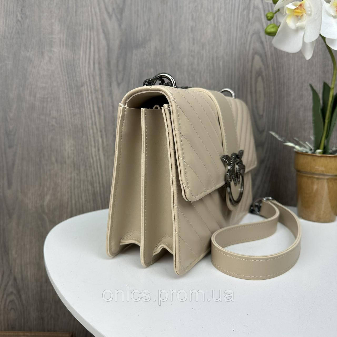 Женская мини сумочка клатч на плечо в стиле Пинко стеганная, маленькая сумка Pinko с птичками Молочный хорошее - фото 3 - id-p2013359852