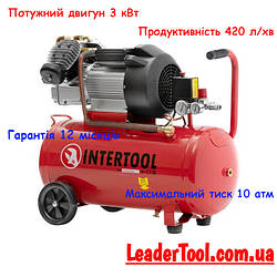 Компресор 50 л, 4 HP, 3 кВт, 220 В, 10 aтм, 420 л/хв, 2 циліндри. INTERTOOL PT-0007