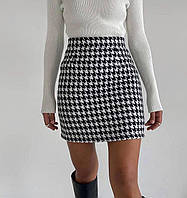 Женская короткая твидовая юбка гусиная лапка в обтяжку мини стильная удобная трендовая черный белый