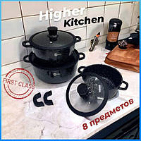 Набор круглых кастрюль казанов Набор посуды Higher Kitchen с силиконовыми крышками для дома Черный