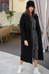 Класичне стильне жіноче пальто з еко букле колір чорний пряме з відкладним коміром і кишенями