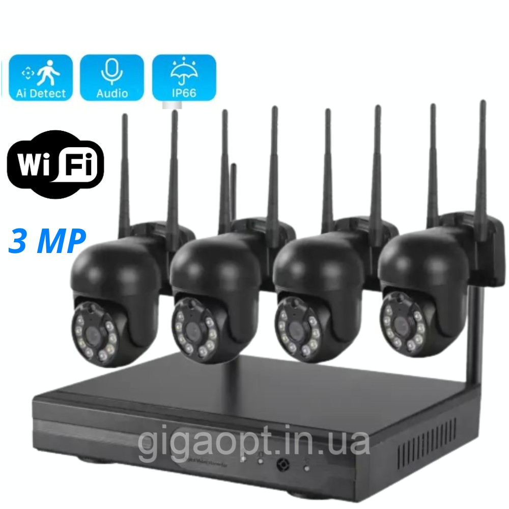 Комплект 4 камери відеоспостереження бездротових камер поворотних 3 Мп, зовнішні вуличні, фото 1
