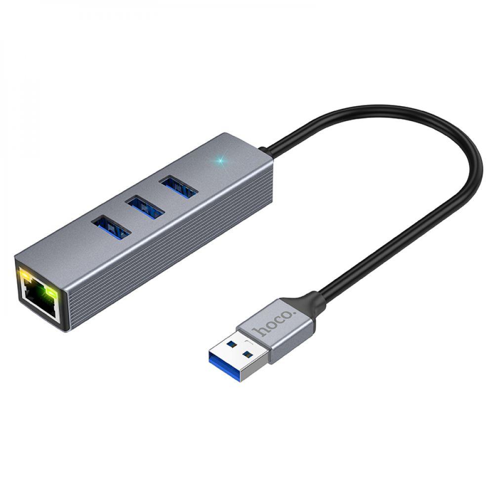 Хаб USB Hoco HB34 Easy link Gigabit Ethernet adapter(USB to USB3.0*3+RJ45) Цвет Серый - фото 2 - id-p2013379416