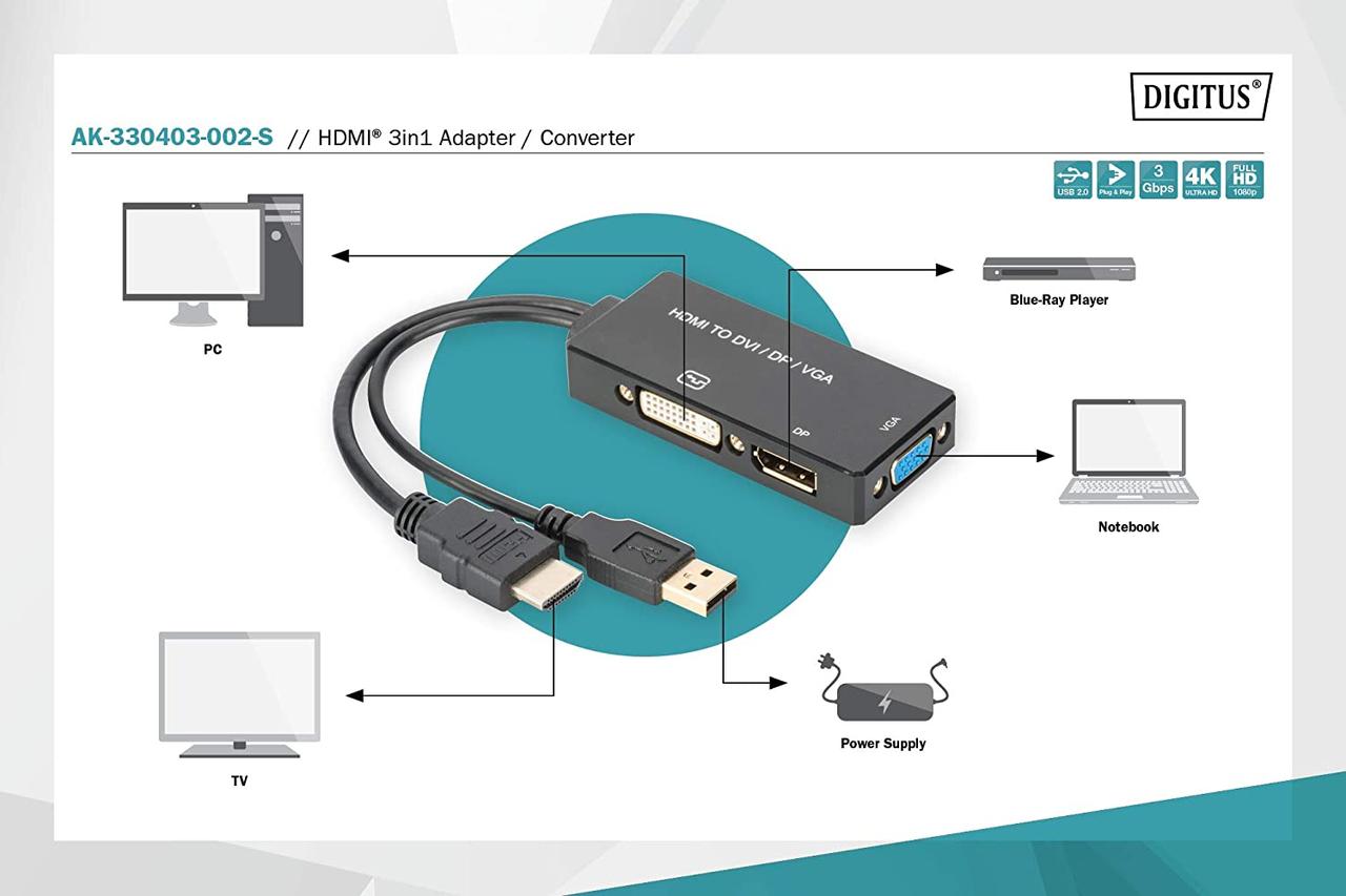 Digitus Адаптер HDMI - DP+DVI+VGA UHD 4K, M-F/F/F, 3 in 1 Baumar - Гарант Качества - фото 4 - id-p2013421181