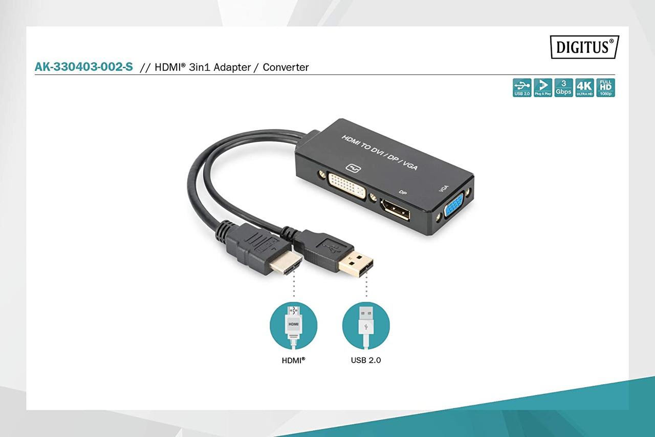 Digitus Адаптер HDMI - DP+DVI+VGA UHD 4K, M-F/F/F, 3 in 1 Baumar - Гарант Качества - фото 8 - id-p2013421181