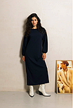 Жіноче стильне пряме з розрізами плаття синє, щільний турецький трикотаж, пишний рукав, з поясом, фото 2