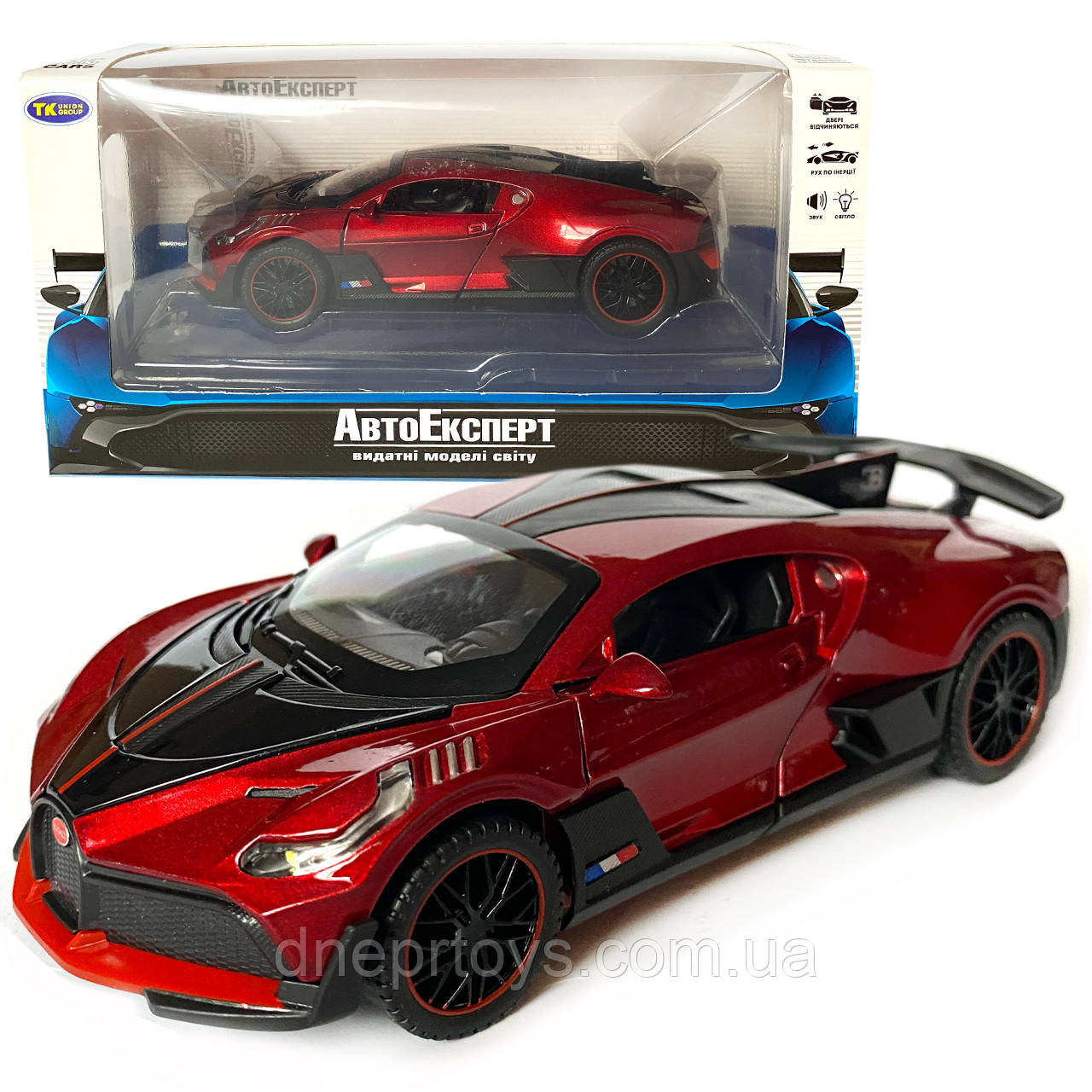Іграшкова машинка металева Bugatti Divo, Бугатті, червона, звук, світло, інерція, відкр двері, Автоексперт, 1:32,15*7*5см, фото 1