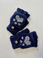 Перчатки варежки теплые с открытыми пальцами для подростка синие