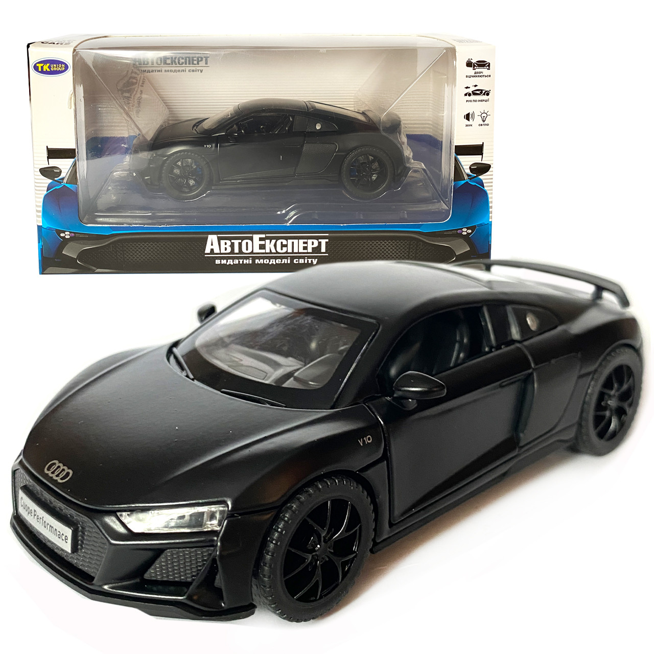 Іграшкова машинка металева Audi R8 V10 performance, Ауді, чорна, звук, світло, інерція, відкр двері, багажник, капот, Автоексперт,, фото 1