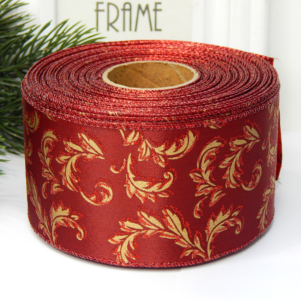 Стрічка новорічна "Гілочки золото" 6,3 см, бордо, дротяний край