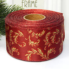Стрічка новорічна "Гілочки золото" 6,3 см, бордо, дротяний край