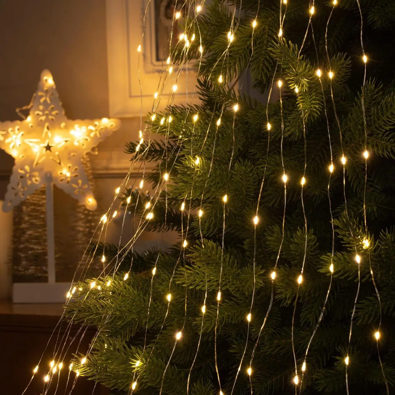 Гірлянда на ялинку "Промені Роси" роса, "Кінський хвіст" 400LED на мідному дроті 220V + USB, жовта, довжина 3м., фото 1